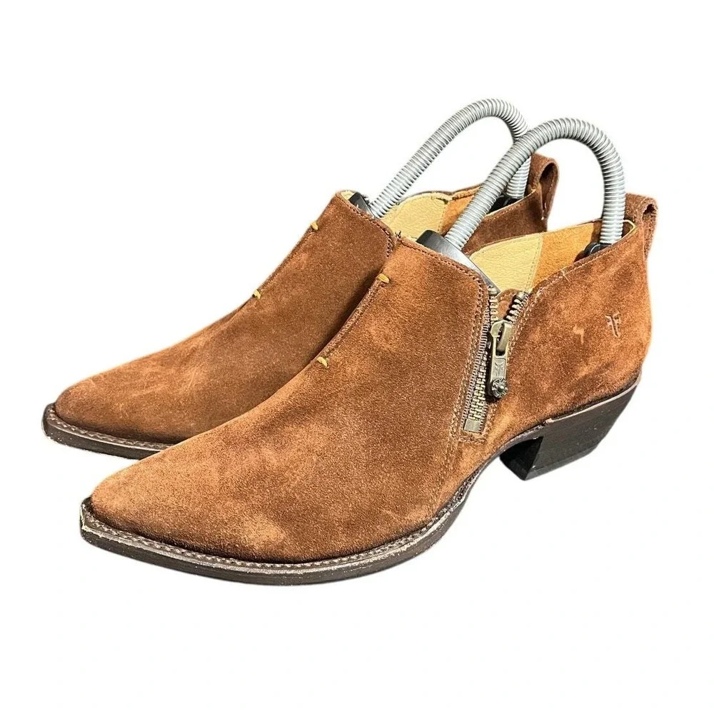 Frye Sacha Moto Shootie Women 7 Brown Suede Pointed Toe Western Ankle Boots‎